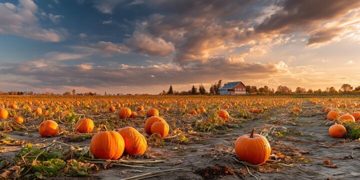 Vast pumpkin patch at sunset with warm golden light and a rustic barn in the background, autumn harvest atmosphere.