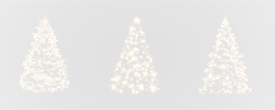 Christmas tree, sparkling lights in the shape of a fir tree on a transparent background. New Year tree made of glowing lights, gold, white, blue, green, vector, png.	
