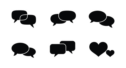 Collection of black speech bubbles hearts and communication icons displayed