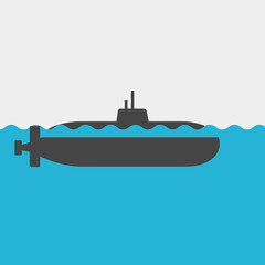 Obraz premium A simple flat vector illustration of a dark grey submarine partially submerged in blue water with a white background.