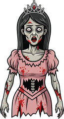 Zombie princess cartoon character with tiara, tattered pink dress, exposed ribs, horror Halloween vector, undead royal girl illustration for spooky design