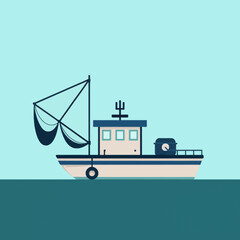 Fototapeta premium Side view of a simple fishing boat illustration, with a net and a small cabin.