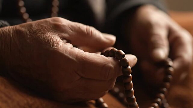 Close up of elderly hands holding prayer beads in meditation.