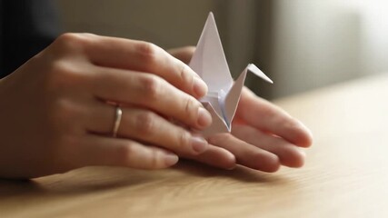 Close up of hands folding origami crane on wooden table. - Powered by Adobe