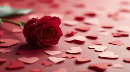 Single red rose with heart cutouts on romantic red background