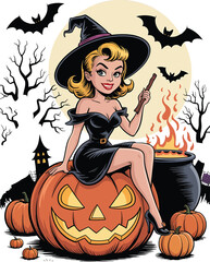 Halloween Pin Up Witch Sitting On Jack-o-lantern With Cauldron And Bats retro vintage