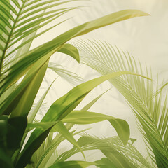 Close up of lush green tropical palm fronds and leaves with soft natural light filtering through