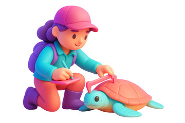 Cartoon scientist girl measuring sea turtle with caliper, colorful abstract style, isolated on white background. Concept of marine science. Ai generative