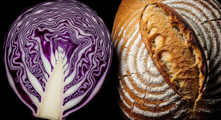 Fototapeta premium Macro top view of red cabbage cross section and crusty sourdough bread on black background, healthy food concept