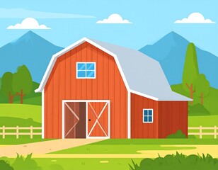 Obraz premium Rustic red barn nestled in a verdant valley