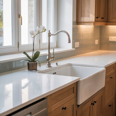 Fototapeta premium Modern minimalist kitchen with wooden cabinetry
