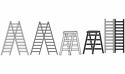 Set of ladder icons in outline and silhouette style, including step ladder, extension ladder, and folding ladder. Construction, work safety, and tool illustration. © Rustanto