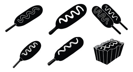 Stylized black and white corn dogs and a basket of fries illustration