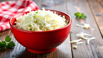 Shredded cabbage in red bowl