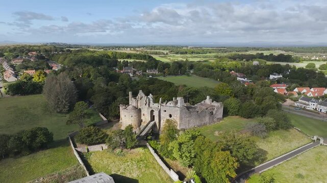 Dirleton Castle & Gardens from a drone, Dirleton, East Lothian, Scotland