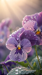 Petal dew on purple pansy petals with soft morning sun behind.
