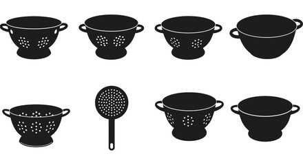Black and white illustration featuring various kitchen colanders and strainers