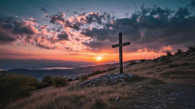 Wooden cross on hill at sunrise with glowing sky