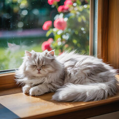 Cat sleeping peacefully on sunny window sill
