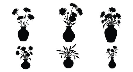 Black silhouette floral arrangements in vases a simple botanical illustration