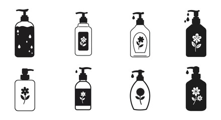 Collection of black and white soap dispenser icons in varying designs