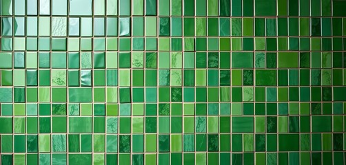 Fototapeta premium A wall completely covered in various shades of green tiles, showcasing texture and subtle variations in color, summer, wallpaper