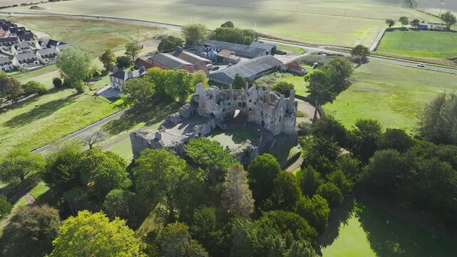 Dirleton Castle & Gardens from a drone, Dirleton, East Lothian, Scotland