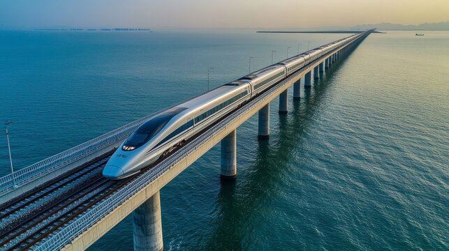 Sleek high-speed train traveling over long bridge across vast body of water at sunset - Powered by Adobe