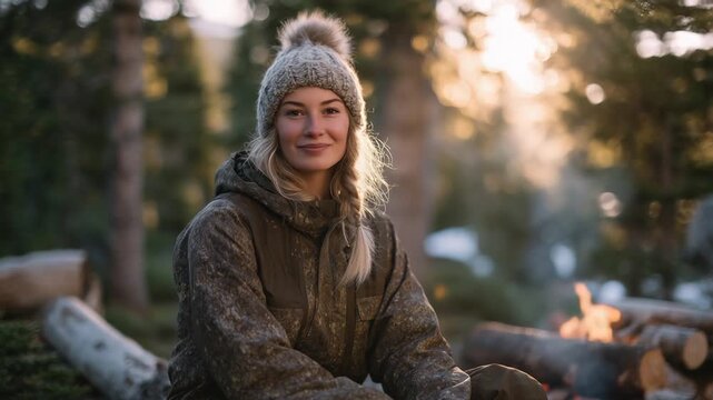 A woman in a parka and pom-pom hat enjoys a cozy campfire in the woods, bathed in soft golden sunlight filtering through tall trees.