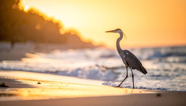 Heron on a golden beach at sunrise - Powered by Adobe