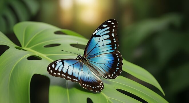 Blue Morpho Butterfly on Green Leaf.