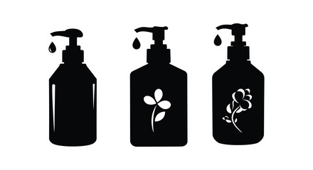 Black silhouette of three pump bottles with liquid droplets