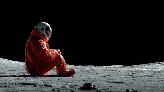 Solitary astronaut in orange spacesuit seated on moon surface under starry sky