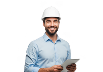 Smiling construction worker holding a blueprint isolated on transparent background