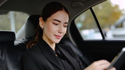 Businesswoman reviews documents while seated in the back of a car during a busy workday in the city