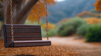 Wooden swing hanging from tree in autumn park with blurred background
