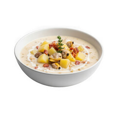 Delicious creamy seafood chowder served in a white bowl ready to enjoy isolated on transparent background