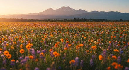 Colorful wildflowers field at sunrise