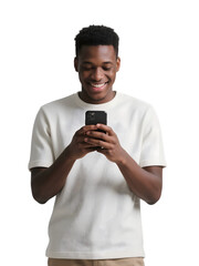 Smiling man uses mobile phone on transparent background for social media or product staging.