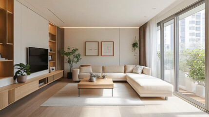 The stylish modern living room, adorned with minimalist decor, showcases an inviting atmosphere.