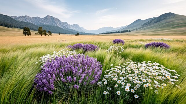 Scenic meadow with daisies and lavender overlooking majestic mountains