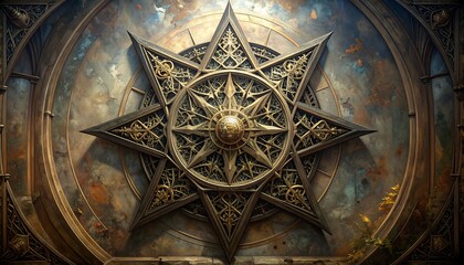 Ornate, intricate star-shaped design adorns a circular, vaulted ceiling.