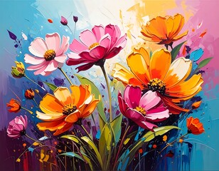 Vibrant floral bouquet bursting with color and texture, featuring bold cosmos blossoms in shades of pink, orange, and yellow, set against a backdrop of dynamic brushstrokes and vibrant hues.