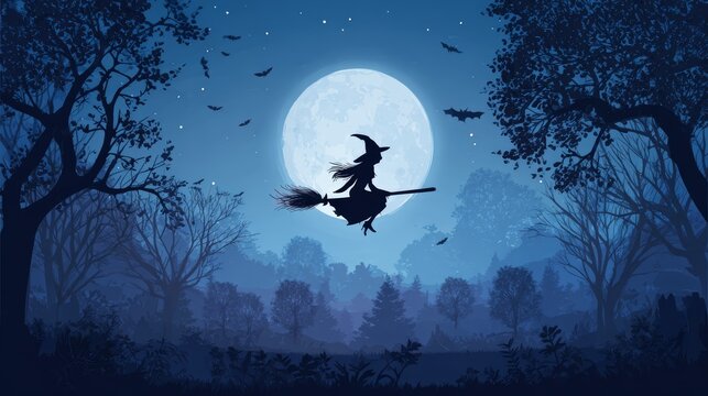 Silhouette of a witch flying on a broomstick against a full moon in a spooky forest - Powered by Adobe