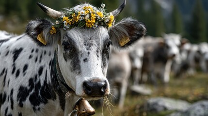 Speckled cow with flower crown grazing in mountainous pasture