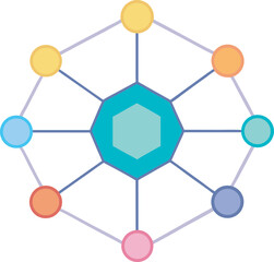 Central octagon diagram with connecting elements and colorful accents