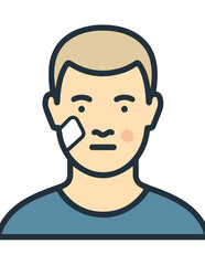 A color illustration of a young man's face with a bandage on his cheek, indicating an injury.