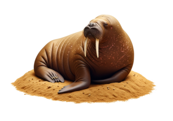 A detailed illustration of a walrus resting on a sandy patch, showcasing rich, warm brown tones and intricate details of its fur.