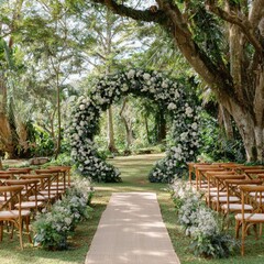 Elegant Outdoor Wedding Ceremony Venue with Floral Arch and Seating.