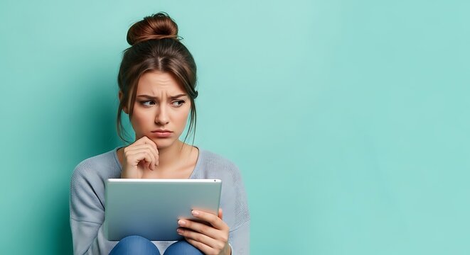 A young woman with her hair in a bun looks thoughtfully at a tablet computer against a teal background.